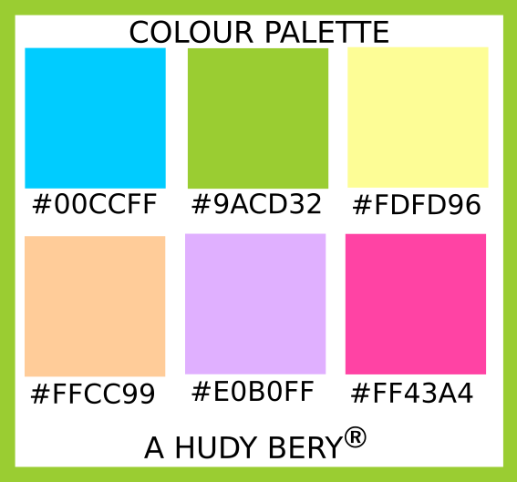 Vivid sky blue, Yellow- green, Pastel yellow, Peach- orange, Mauve ...