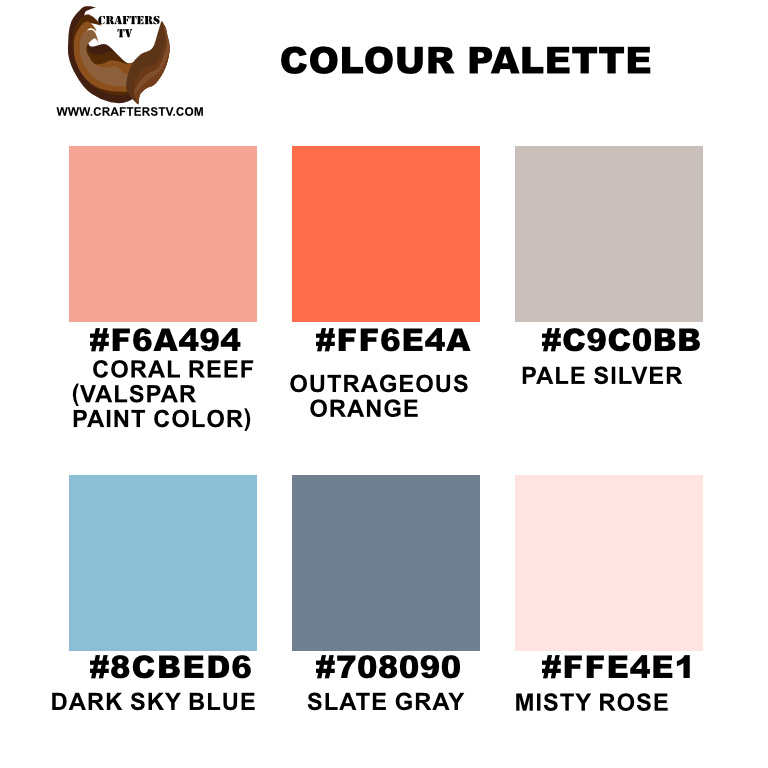 Coral Reef, Outrageous Orange, Pale silver, Dark sky blue, Slate